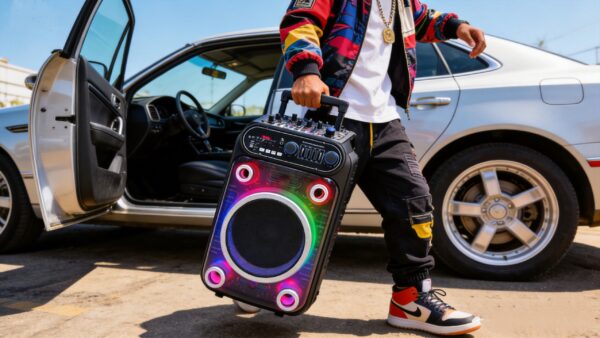 trolley party speaker with wheels for outdoor events